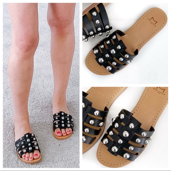 BLACK LEATHER SANDALS SLIDES MARC FISHER SLIP ONS STUDD CAGED FLATS A2C - Picture 9 of 16